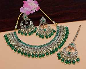 Nuevo diseño chapado en oro tradicional gota perla y piedra tachonado pendiente Mangtika gargantilla collar conjunto y conjunto de joyería para mujer - Product Image 3