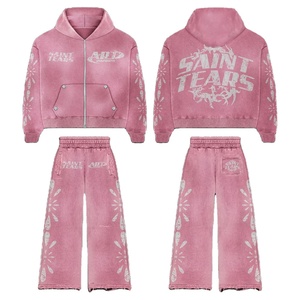 Nueva llegada Streetwear estilo Oversized Drop Shoulder Hoodie y pantalones de pierna recta 2 piezas Vintage Washed Chándal Set - Product Image 1