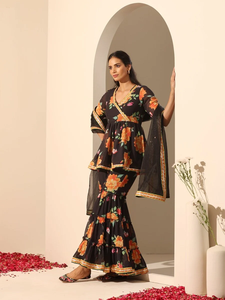 ชุดกูลนารังกี ชารารา ผ้าจอร์เจียต์พิมพ์ลายสีดำ ผ้าฝ้าย ชุดลำลอง แขนครึ่งตัว สไตล์ลำลอง ลายฉลุธรรมชาติ - Product Image 6