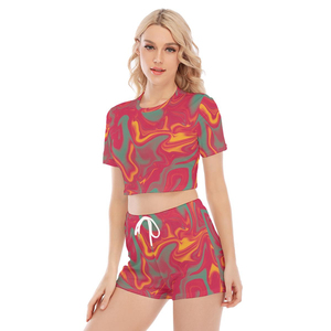 Haut court à imprimé psychédélique pour femmes et ensemble de shorts à cordon coloré mode d'été vêtements de détente à la mode et confortables - Product Image 3