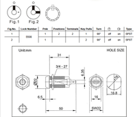 Interruptor de Seguridad con Llave Rotatoria, 2 Posiciones, Metálico, 12V/2A, Rotación de 90°, Modelo S508, Marca NSY, 1NO1NC, para Máquinas Expendedoras y Arcade