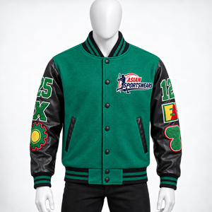 Veste universitaire en laine personnalisée pour homme, manches en cuir, patch brodé, boutons pression, col rayé, veste bomber style Letterman - Product Image 3