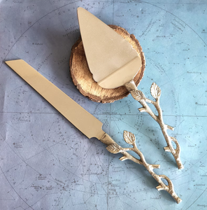 <b>Cake</b> Knife And <b>Cake</b> Server Knife With Leaf Design Handle In Brass Stainless Steel New Arrival For Birthday Event Wedding Parties - Product Image 5