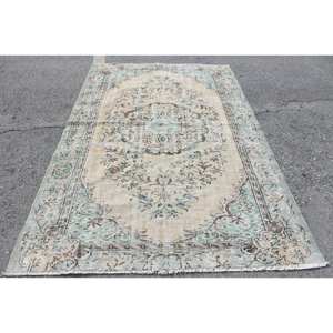 พรมตุรกีโบราณคลาสสิกขนาด5.5x8.3ฟุตสีเบจเย็บปะติดปะต่อกันสีน้ำเงินพรมห้องนั่งเล่นผ้าขนสัตว์ยางรองสี่เหลี่ยมผืนผ้าโถงทางเดิน - Product Image 1