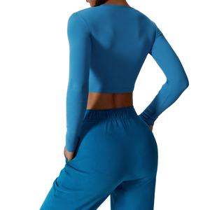 Pantalon de survêtement taille haute pour femme ensemble de joggeurs haut court avec col rond manches longues polaire solide coupe ajustée pour la course décontractée en hiver - Product Image 2