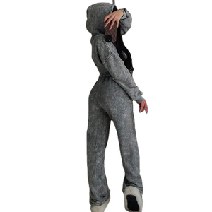 <b>Retro</b> Acid Wash Solid Zip Hoodie Jogger Set Full Length High Waist Fleece Breathable Customized Streetwear Winter <b>Tracksuits</b> for - Product Image 4