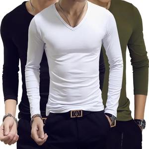 Camisetas de manga larga para hombre 2023, camisetas holgadas de Color sólido con cuello en V y capa Base, ropa de Otoño de estilo fino, camisetas para hombre - Product Image 2