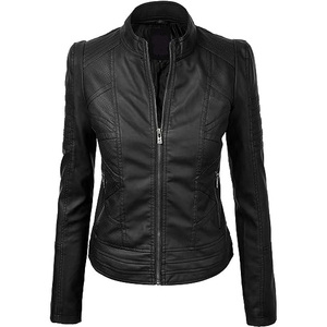Veste en cuir de moto tissée d'automne pour femmes avec des fermetures à glissière et des poches à manches longues Logo personnalisé de couleur personnalisée en gros - Product Image 1