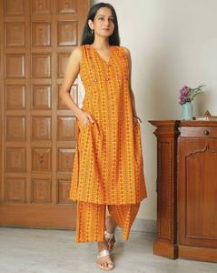 Conjunto de Kurta de Algodón para Mujer al por Mayor con Bordado de Espejo, Conjunto Étnico para Uso Diario, Color Amarillo, Tela Suave y Transpirable para Boutique - Product Image 4
