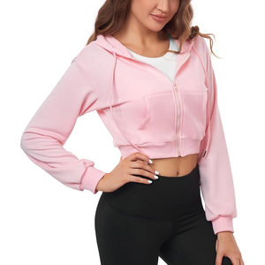 Tendencia de alta calidad Zipp up Crop Top coreano 100% algodón Mujer recortada Sudadera con capucha - Product Image 3
