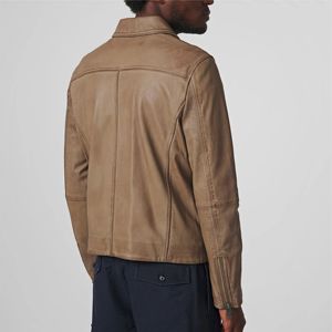 Veste à fermeture éclair en similicuir taupe pour homme à rayures blanches-Cuir végétalien élégant pour tenue décontractée - Product Image 6