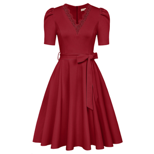 Vestido de cintura definida para mujer, manga corta, encaje, cuello en V, sólido, acampanado, línea A, ropa de fiesta, vestidos de primavera para mujer, vestido de los años 50 - Product Image 3