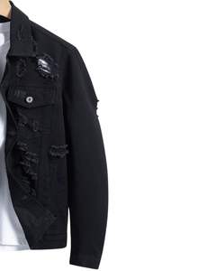 Mens <b>Black</b> Distressed Denim <b>Jacket</b> Ripped Washed Button Front Casual Streetwear Trucker <b>Jean</b> <b>Jacket</b> For Men - Product Image 3