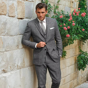 Tuxedos de marié gris coupe ajustée en tweed rétro pour homme Blazer de bal Costumes 3 pièces de mariage vintage pour homme sur mesure - Product Image 1