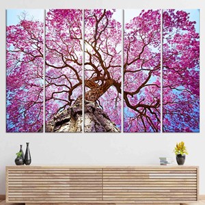 Obra de arte impresa en lienzo: decoración de paisaje natural con árbol de floración rosa, JUEGO DE 5 LIEÑOS - Product Image 1
