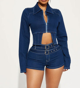 Denim Women 2 Piece Set Y2K Trend Zip Jacket Shorts Vintage Trend Streetwear Casual <b>Matching</b> Tracksuit - Product Image 2