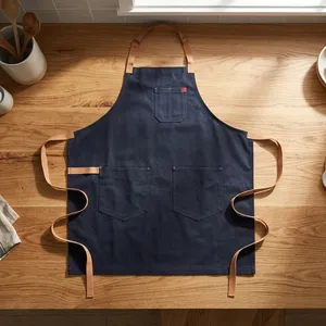 Tablier sans manches en toile crème et verte avec bretelles, 3 poches, lavable en machine, robuste, pour la cuisine et l'usage quotidien, style simple, tissé - Product Image 2
