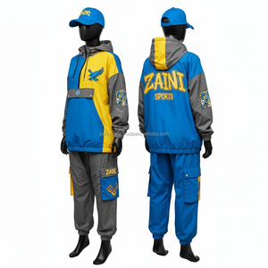 Ensemble coupe-vent pour femmes en polyester de qualité supérieure, blocs de couleur bleu, jaune, gris, avec logo personnalisé brodé, coupe-vent grande taille - Product Image 4