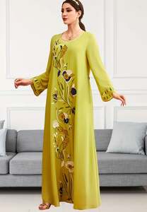 Nuevo vestido islámico elegante y digno para mujer con cuentas bordadas impresas Abaya verde claro vestido estampado con cuello levantado - Product Image 3