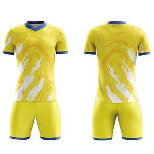 Conjunto de uniforme de fútbol personalizado para hombre, transpirable, de secado rápido, camiseta y pantalones cortos amarillos con patrón abstracto azul, uniforme de entrenamiento - Product Image 2