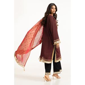 IUSTKSD-732 Ensemble 3 pièces décontracté pour femme en mousseline de soie imprimée laquée or, brodé, manches longues, pour l'été - Élégant pour occasions festives - Product Image 2