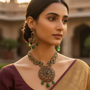 ชุดต่างหูหรูหราสำหรับผู้หญิง ประดับทับทิมและมรกต ชุบทอง ตกแต่งด้วยไข่มุก เหมาะสำหรับงานแต่งงานและงานปาร์ตี้ - Product Image 1