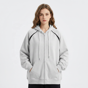 Sweat-shirt à capuche zippé blanc pour homme, en polaire oversize, couleur unie, décontracté, pour l'automne, manches classiques, avec poches - Product Image 2