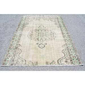 Tapis Vintage en Laine Turque de 6X8 pieds, Motif Patchwork Beige et Vert, Technique de Tissage Plat pour Décoration de Salon, Largeur de 4m - Product Image 1