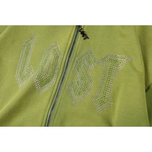 มีฮู้ดสำหรับผู้ชายพิมพ์ลายโลโก้ติดเพชรสีเขียวจางมีซิป - Product Image 3