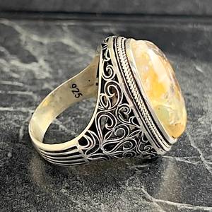 Anillo de cóctel bohemio hecho a mano para hombre, grande, de plata, con bisel ovalado de ágata naranja, patrón de ojo bordado, natural - Product Image 5