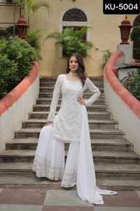 Georgette de imitación de moda india con lentejuelas e hilo bordado trabajo pesado Kurta Sharara traje con trabajo pesado Dupatta para mujer - Product Image 3