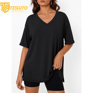 Camiseta básica de gran tamaño con logotipo estampado personalizado de peso pesado, camiseta de talla grande de alta calidad a la moda para mujer, Camiseta 100% de algodón con cuello en V - Product Image 2