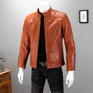 เสื้อแจ็กเก็ตหนังแท้สำหรับผู้ชาย, เสื้อโค้ทหนัง5XL ปกตั้งหนังม้าธรรมชาติสีส้มฤดูใบไม้ร่วง - Product Image 5