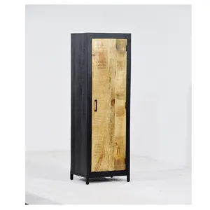 High Quality Mango Wood and Iron Frame Industrial Style Long Cupboard Wooden Cabinet Furniture for Home Bed and Living Room