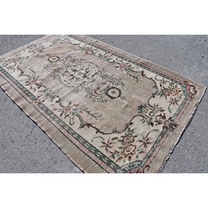 Turkish Vintage Large Rug 5.4x8.8 ft, <b>Brown</b> Green Check <b>Wool</b> Rug - Product Image 2