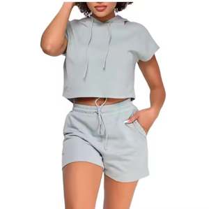 2025 Summer Custom Casual 2 Piece Set <b>Women</b> Hoodies High Quality <b>Grey</b> Cotton Polyester <b>Short</b> Two Piece Set <b>Women</b> Clothing - Product Image 1