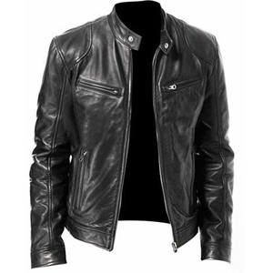 Veste en cuir pour homme, style pilote de moto, décontractée, en cuir véritable, à capuche, style vintage, col montant, logo sur le devant, mode automne - Product Image 1