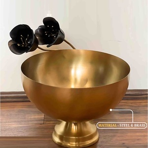 Antique Gold Steel <b>Pedestal</b> Bowl With Flower Accent Dining Decorative Fruits Bowl Home Decor <b>Table</b> Centerpiece Gift Use Bowls - Product Image 1