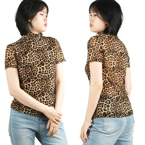 Camiseta de leopardo con Cuello medio alto para mujer, camiseta de malla de manga corta ajustada de otoño, Sexy, cómoda, perspectiva de verano, fondo - Product Image 2