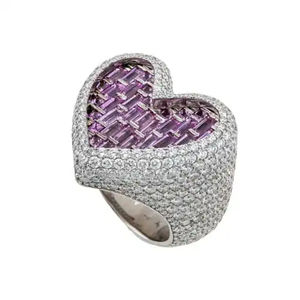 Anillo de Boda de Lujo para Hombre RB Gems, Plata 925, Moissanita VVS con Corte Baguette Morado, Forma de Corazón, para Fiestas, IGI - Product Image 1