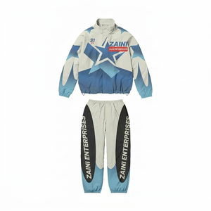 Veste coupe-vent d'hiver respirante en polyester tricoté 120 GSM de haute qualité, design à panneaux blanc et bleu ciel, logo personnalisé par transfert thermique - Product Image 1