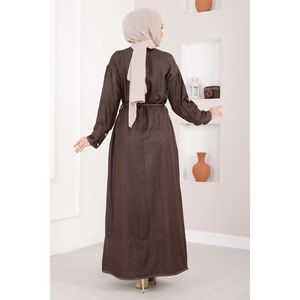 Robe marron en denim Tencel à demi-boutonnage et ceinture, coupe droite, style streetwear modeste et sexy, idéale pour les soirées d'été, coupe ajustée - Product Image 4