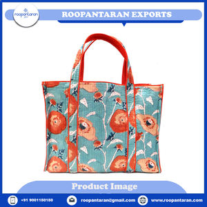 กระเป๋าโท้ททรงกรอบลายดอกไม้สีเขียวอมฟ้าแบบอินเดียพิมพ์ลายด้วยมือจากผ้าฝ้ายควิลท์ รุ่น BAGQTB ลายดอกไม้สีเขียวอมฟ้า Gud - Product Image 2