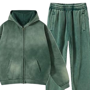 Conjunto Deportivo de Sudadera con Capucha y Cremallera Verde Oscuro Lavado al Ácido para Hombre, Chaqueta de Forro Polar Vintage, Pantalones Jogger, Estilo Urbano Holgado, Atuendo de Invierno - Product Image 2