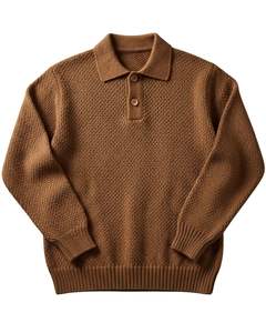Suéter Polo de Punto Texturizado Personalizado para Hombre, Manga Larga, Cuello con Botones, Informal, para Invierno, Color Camel Marrón, para Venta al por Mayor - Product Image 1