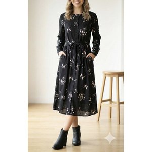 Vestido Maxi Micro Interlock Estampado con Cuello Mandarín, Manga Larga y Cinturón para Mujer, 32261 - Negro - Product Image 1