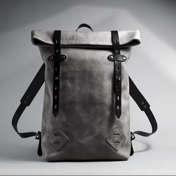 Grey Leather Roll Top Backpack Minimalist Black And Grey Everyday Rucksack Laptop Daily Handmade LRTB-0028