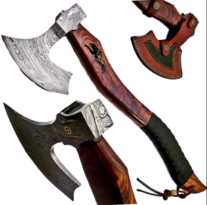 Hache de guerre en acier damas de qualité industrielle Thewizcrafts avec manche en bois de rose et étui en cuir pour une utilisation en survie - Product Image 1