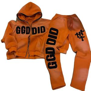 Costumes de jogging sérigraphiés personnalisés ensemble de pantalons de survêtement et sweat à capuche évasés 2 pièces survêtements délavés à l'acide vintage unisexes pour hommes - Product Image 2