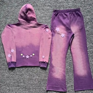 2025 Top vente unisexe lavage à l'acide survêtement ensemble coupe-vent 500GSM 100% coton à capuche Flair bas pantalon soleil effet délavé - Product Image 6